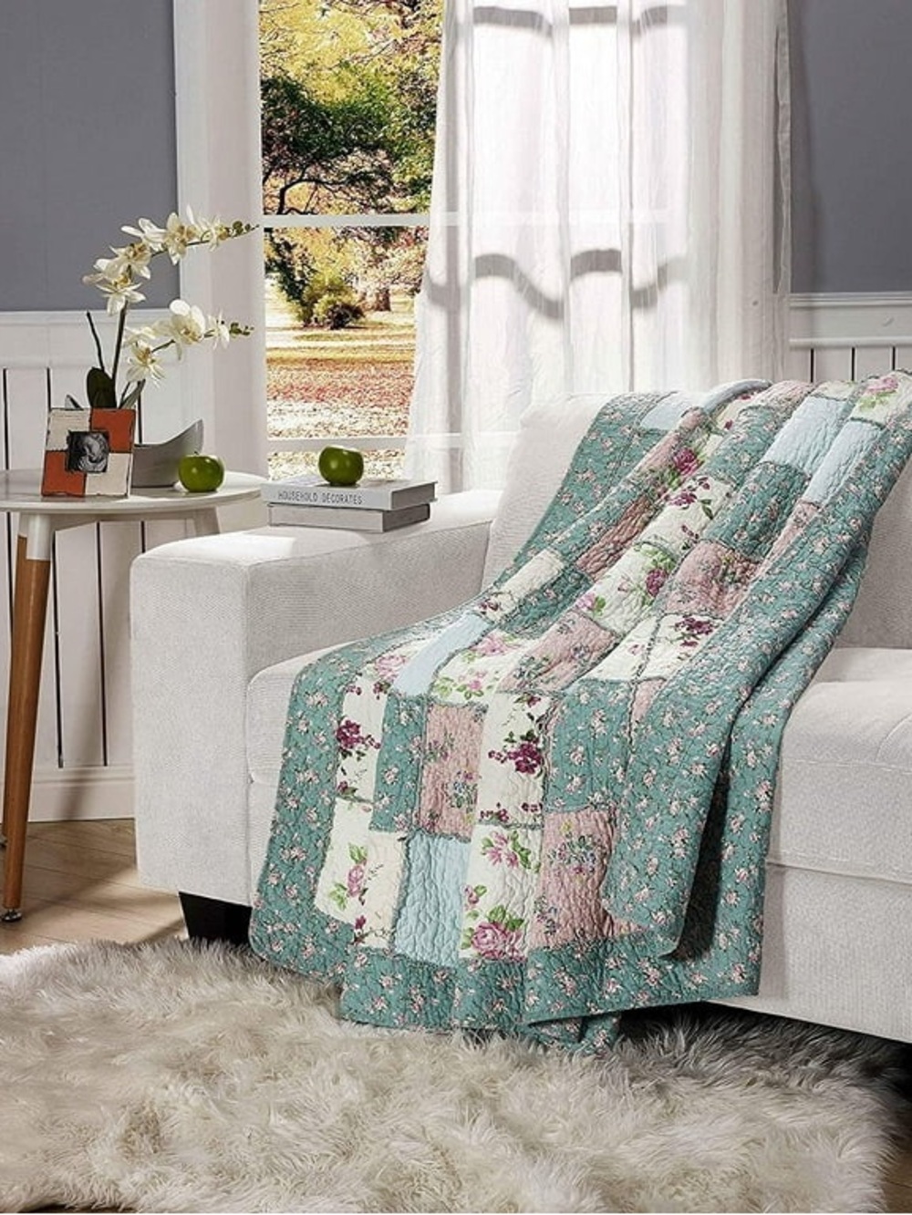 Floral Patchwork Quilted Throw Blanket - Aqua Floral 100% cotton